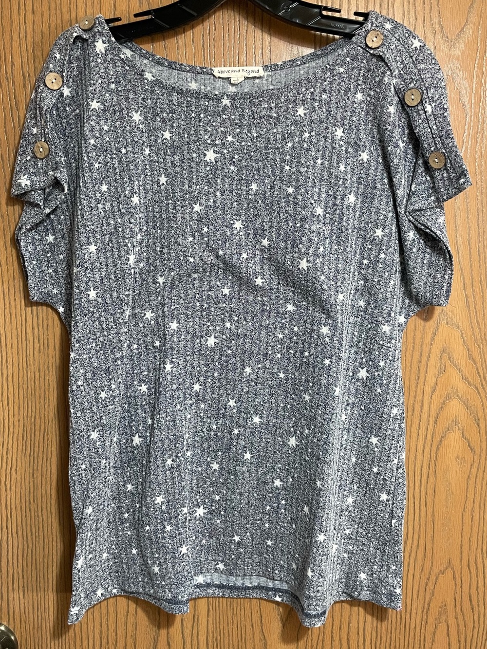 Above and Beyond Blue-Gray Top with Star Print and Short Sleeves & Button Detail